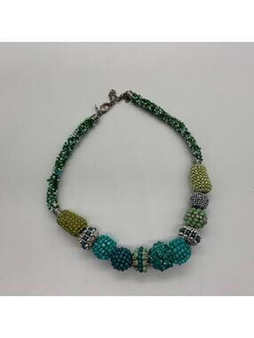 Chico's Chunky Statement Necklace Green Turquoise Seed Bead Adjustable Silver